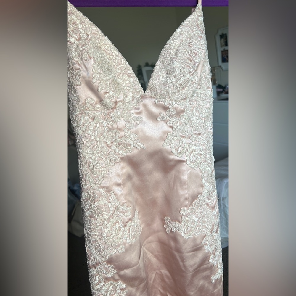 Pink satin mermaid prom dress/gown with lace
